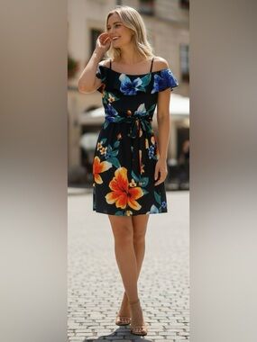 White House Black Market Floral Dress Small Off Shoulder Ruffle.
